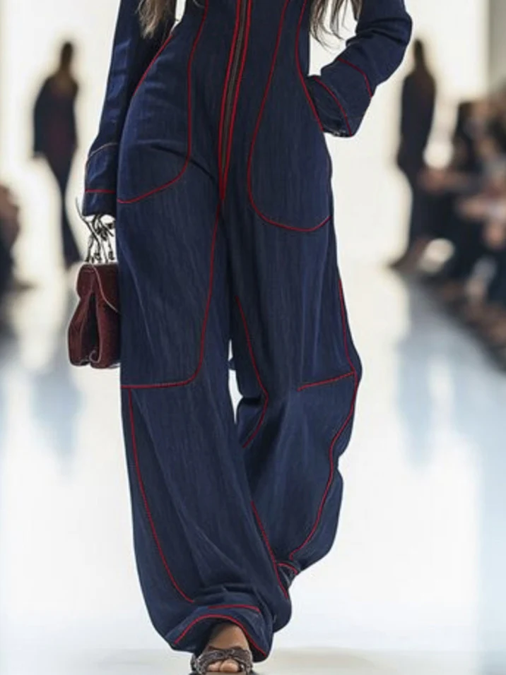 Long Sleeves Wide Leg Zipper Stand Collar Jumpsuits - Image 3
