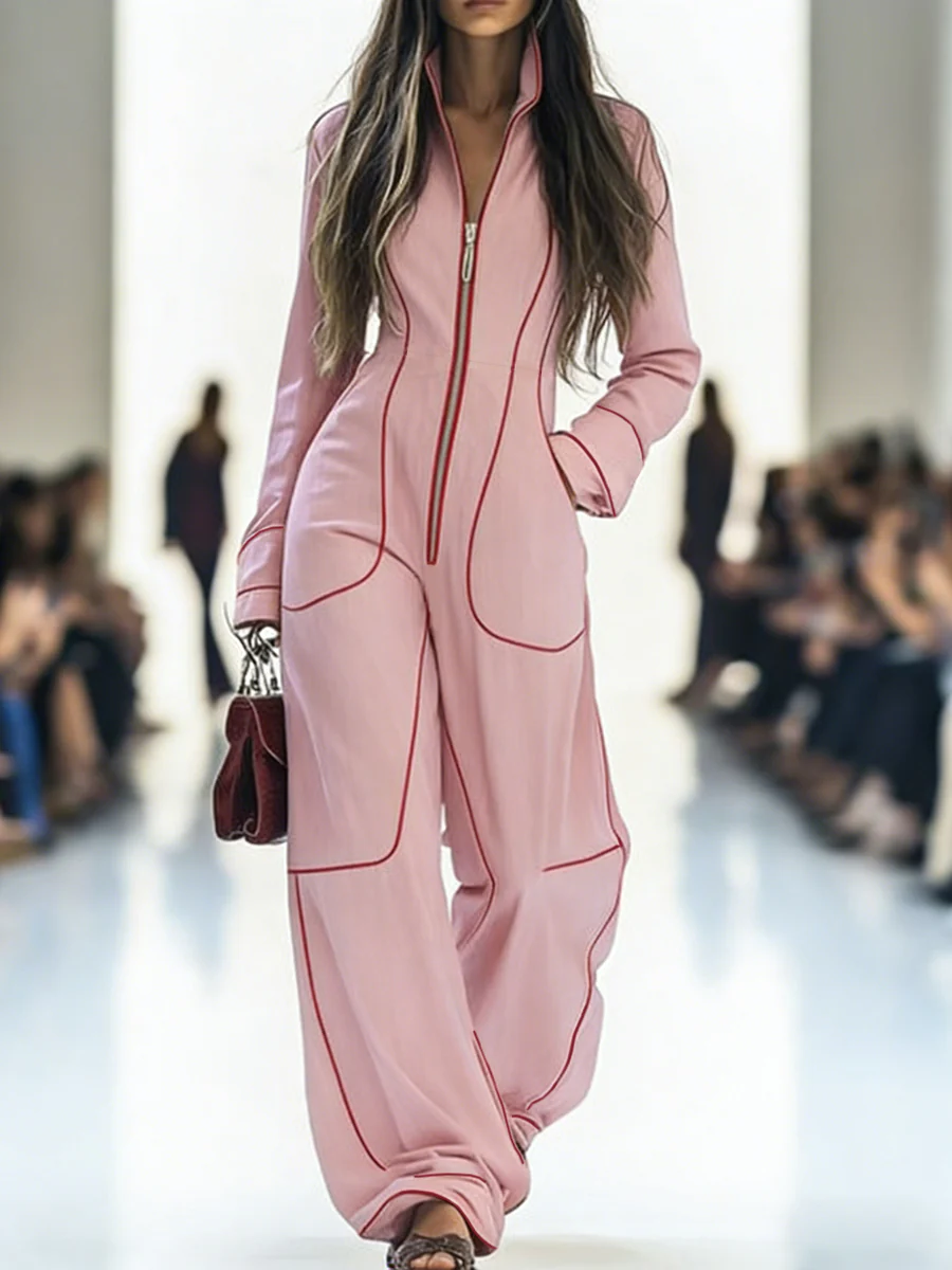 Long Sleeves Wide Leg Zipper Stand Collar Jumpsuits - Image 4