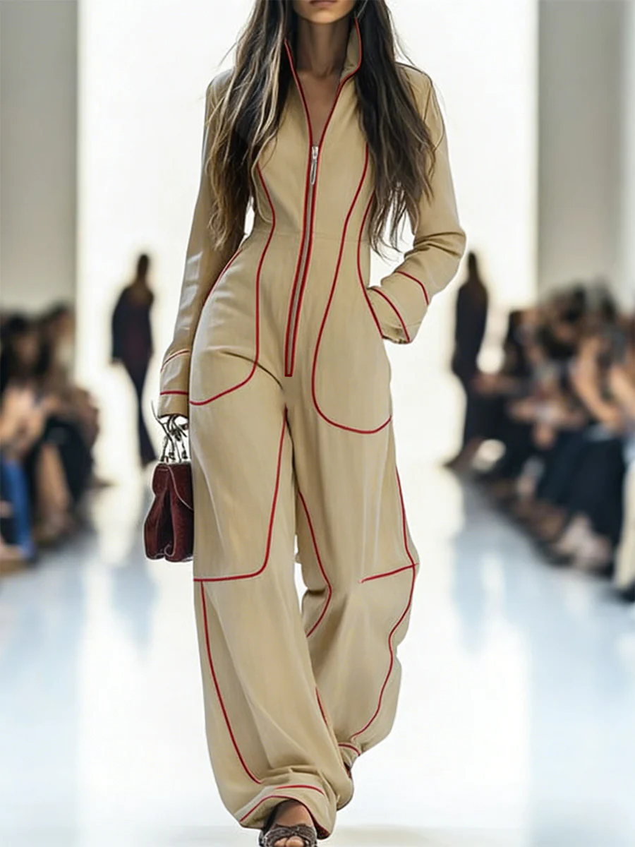 Long Sleeves Wide Leg Zipper Stand Collar Jumpsuits - Image 5