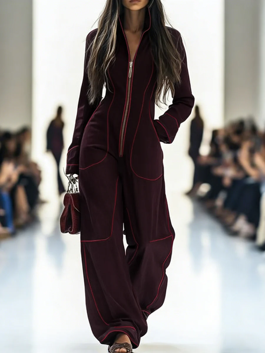 Long Sleeves Wide Leg Zipper Stand Collar Jumpsuits - Image 6