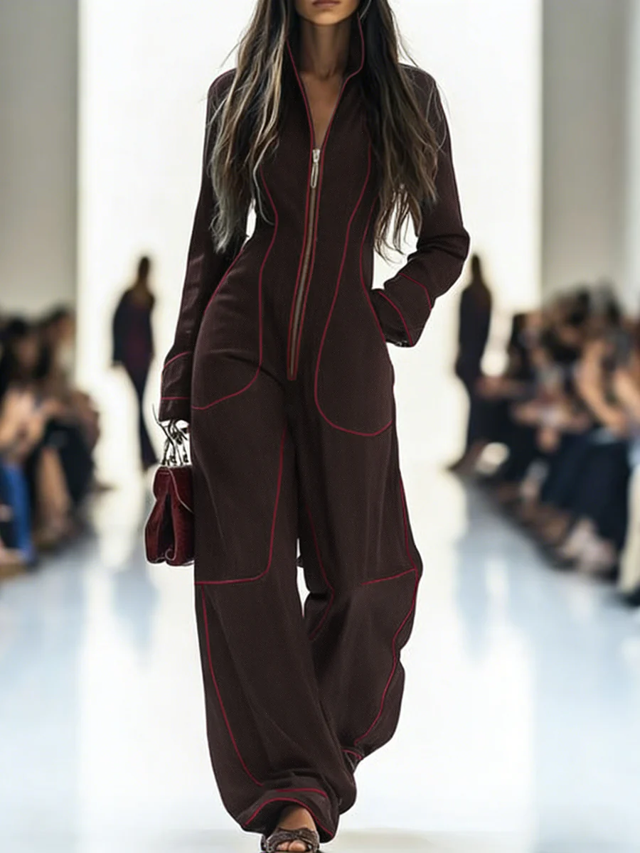 Long Sleeves Wide Leg Zipper Stand Collar Jumpsuits - Image 7