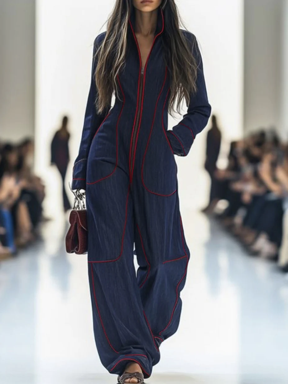 Long Sleeves Wide Leg Zipper Stand Collar Jumpsuits - Image 8