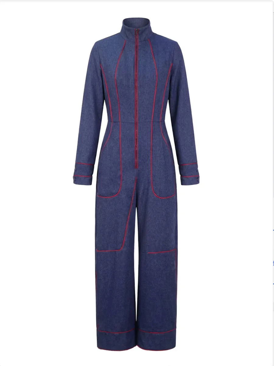 Long Sleeves Wide Leg Zipper Stand Collar Jumpsuits - Image 9