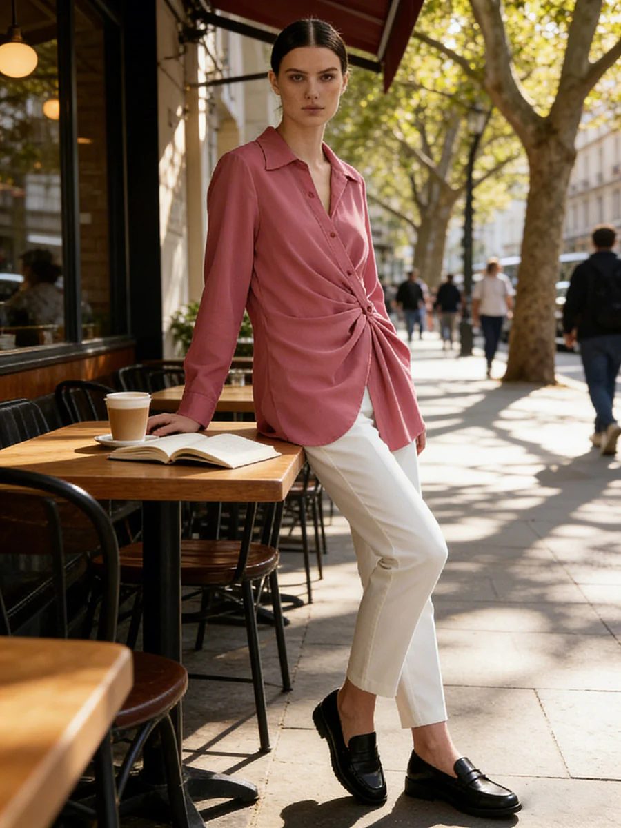 Long Sleeves Wrap Asymmetric Knot Pleated Lapel Blouses&Shirts Tops - Image 6