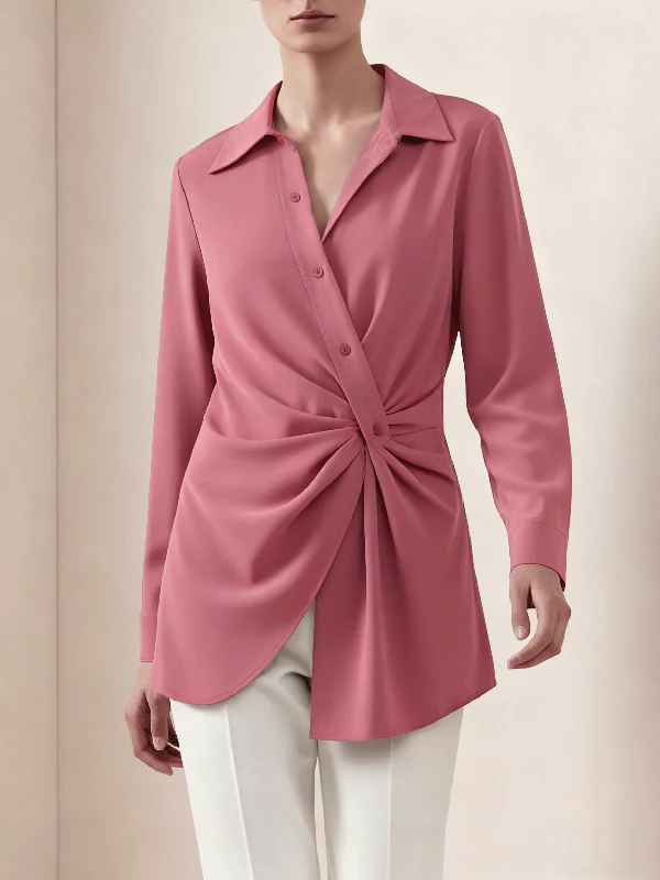 Long Sleeves Wrap Asymmetric Knot Pleated Lapel Blouses&Shirts Tops - Image 7