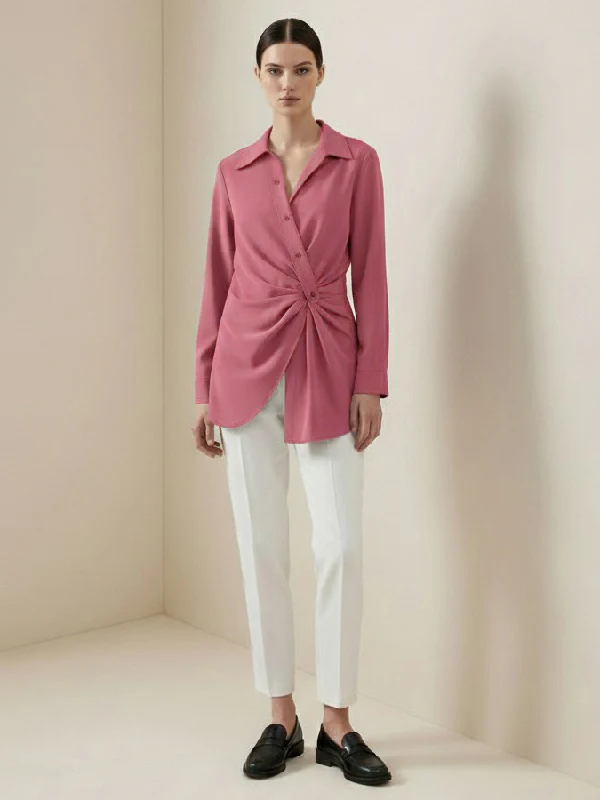 Long Sleeves Wrap Asymmetric Knot Pleated Lapel Blouses&Shirts Tops - Image 8