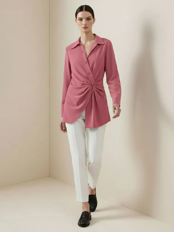 Long Sleeves Wrap Asymmetric Knot Pleated Lapel Blouses&Shirts Tops - Image 9