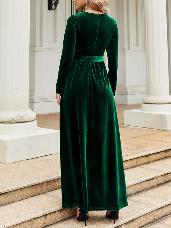 Long Sleeves Wrap Belted Pleated Solid Color Zipper Round-Neck Maxi Dresses - Image 10