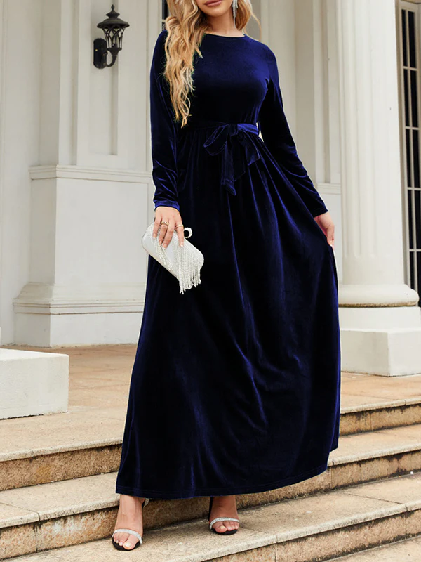 Long Sleeves Wrap Belted Pleated Solid Color Zipper Round-Neck Maxi Dresses - Image 11