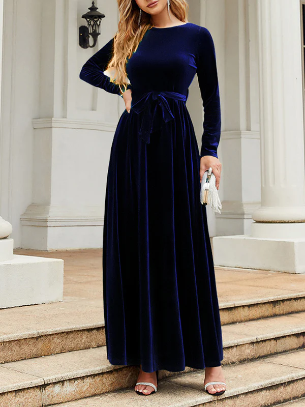 Long Sleeves Wrap Belted Pleated Solid Color Zipper Round-Neck Maxi Dresses - Image 13