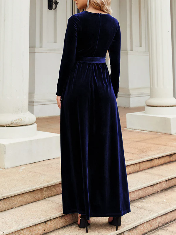 Long Sleeves Wrap Belted Pleated Solid Color Zipper Round-Neck Maxi Dresses - Image 14