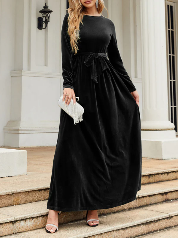 Long Sleeves Wrap Belted Pleated Solid Color Zipper Round-Neck Maxi Dresses - Image 15