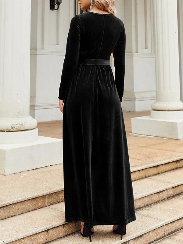Long Sleeves Wrap Belted Pleated Solid Color Zipper Round-Neck Maxi Dresses - Image 18
