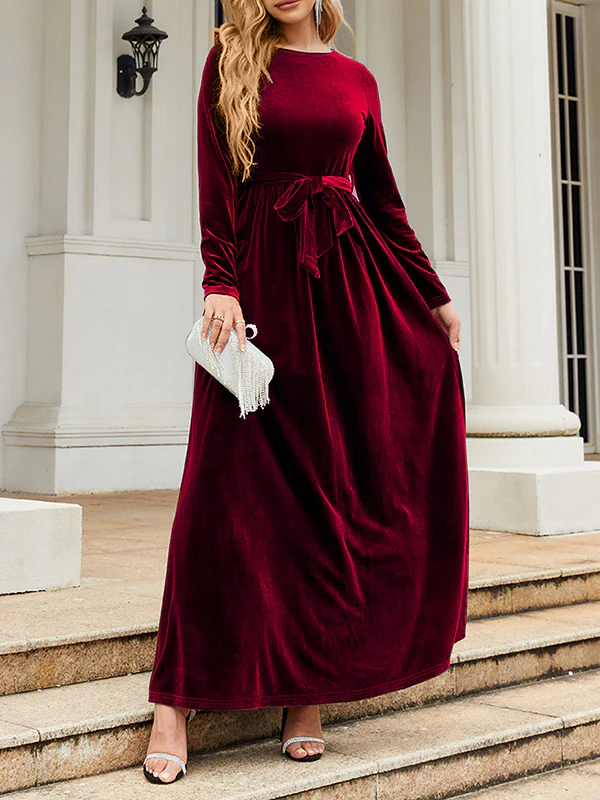 Long Sleeves Wrap Belted Pleated Solid Color Zipper Round-Neck Maxi Dresses - Image 19