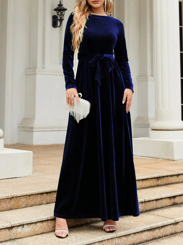 Long Sleeves Wrap Belted Pleated Solid Color Zipper Round-Neck Maxi Dresses - Image 2