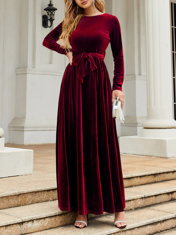 Long Sleeves Wrap Belted Pleated Solid Color Zipper Round-Neck Maxi Dresses - Image 20