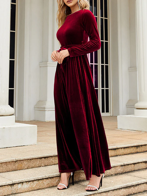 Long Sleeves Wrap Belted Pleated Solid Color Zipper Round-Neck Maxi Dresses - Image 21