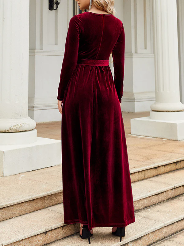 Long Sleeves Wrap Belted Pleated Solid Color Zipper Round-Neck Maxi Dresses - Image 22