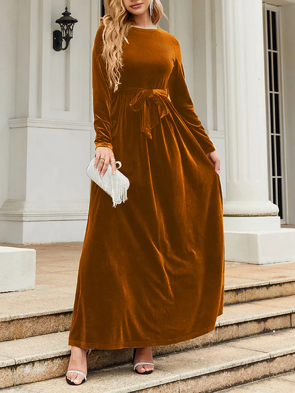 Long Sleeves Wrap Belted Pleated Solid Color Zipper Round-Neck Maxi Dresses - Image 23
