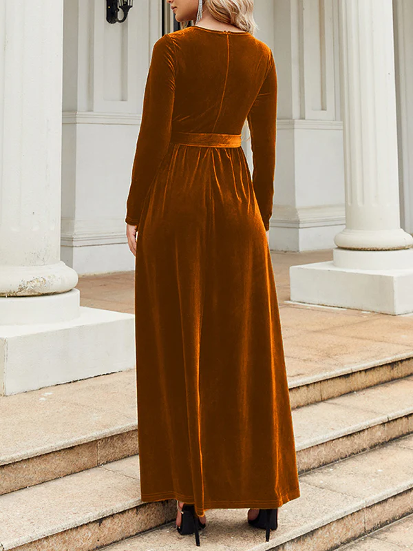 Long Sleeves Wrap Belted Pleated Solid Color Zipper Round-Neck Maxi Dresses - Image 26