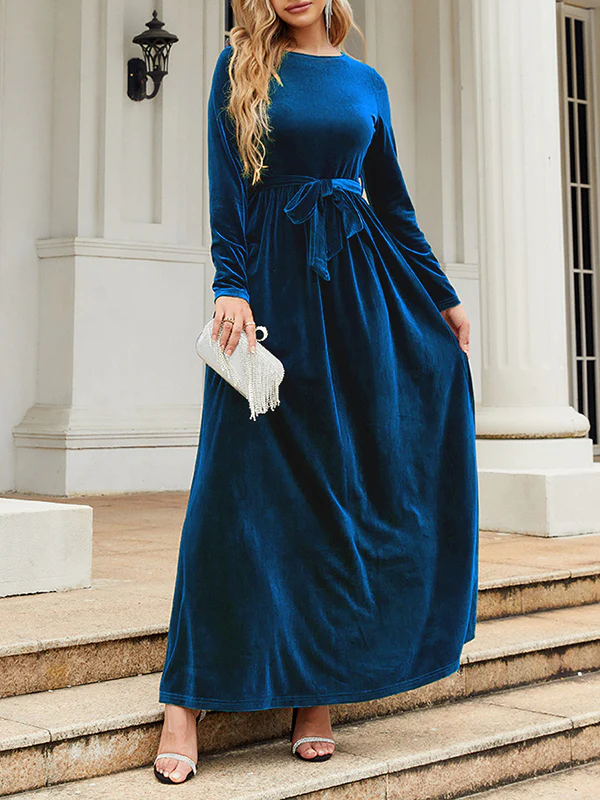 Long Sleeves Wrap Belted Pleated Solid Color Zipper Round-Neck Maxi Dresses - Image 27