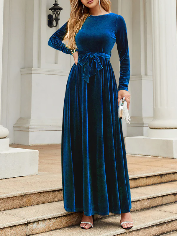 Long Sleeves Wrap Belted Pleated Solid Color Zipper Round-Neck Maxi Dresses - Image 28