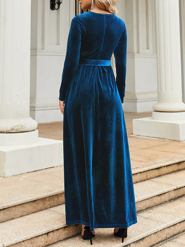 Long Sleeves Wrap Belted Pleated Solid Color Zipper Round-Neck Maxi Dresses - Image 30