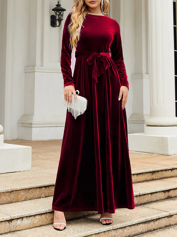 Long Sleeves Wrap Belted Pleated Solid Color Zipper Round-Neck Maxi Dresses - Image 4