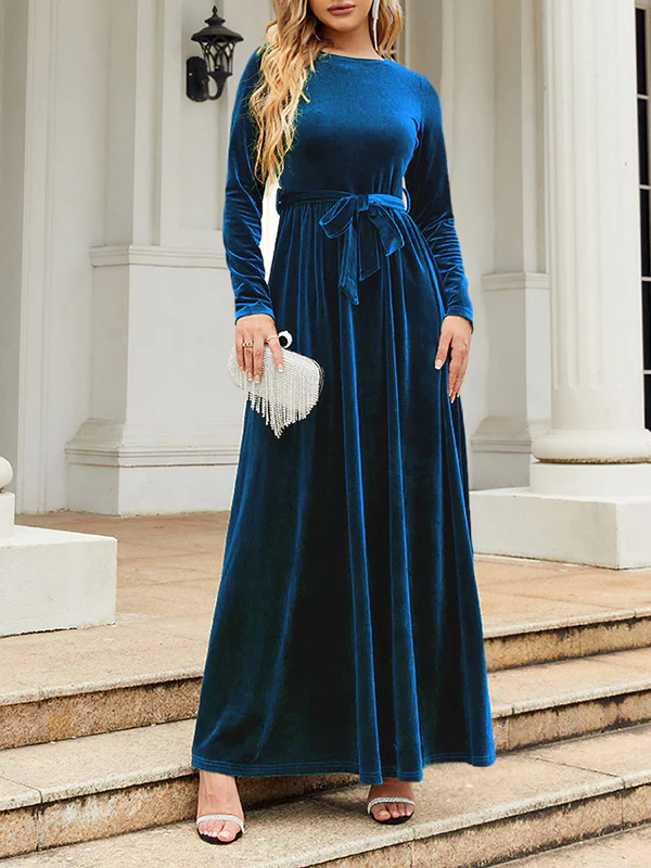 Long Sleeves Wrap Belted Pleated Solid Color Zipper Round-Neck Maxi Dresses - Image 6