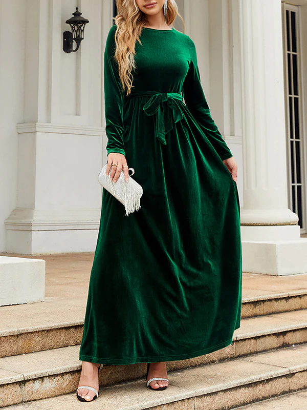 Long Sleeves Wrap Belted Pleated Solid Color Zipper Round-Neck Maxi Dresses - Image 7