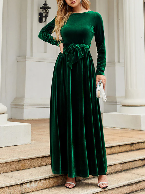 Long Sleeves Wrap Belted Pleated Solid Color Zipper Round-Neck Maxi Dresses - Image 8