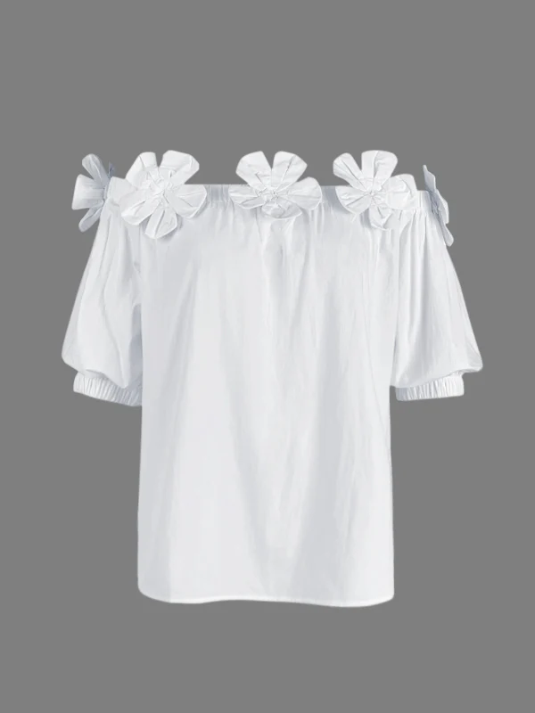 Loose Applique Solid Color Three-Dimensional Flower Off-the-shoulder Blouses&shirts Tops - Image 4