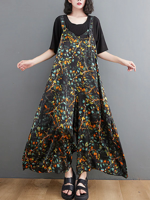 Loose Artistic Retro Ramie Cotton Floral Printed V-Neck Overalls - Image 2