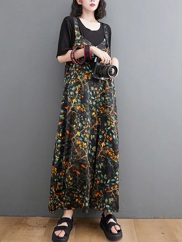 Loose Artistic Retro Ramie Cotton Floral Printed V-Neck Overalls - Image 3