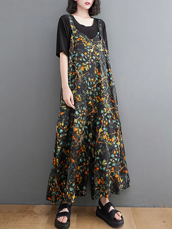 Loose Artistic Retro Ramie Cotton Floral Printed V-Neck Overalls - Image 4