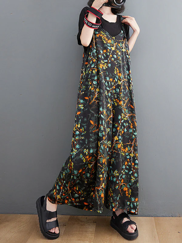 Loose Artistic Retro Ramie Cotton Floral Printed V-Neck Overalls - Image 5