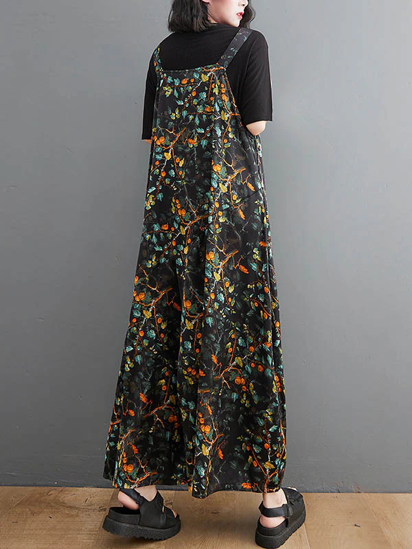 Loose Artistic Retro Ramie Cotton Floral Printed V-Neck Overalls - Image 6