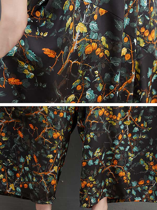 Loose Artistic Retro Ramie Cotton Floral Printed V-Neck Overalls - Image 8
