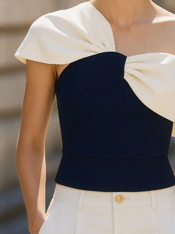Loose Asymmetric Contrast Color Pleated Split-Joint One-Shoulder Blouses&Shirts Tops - Image 2