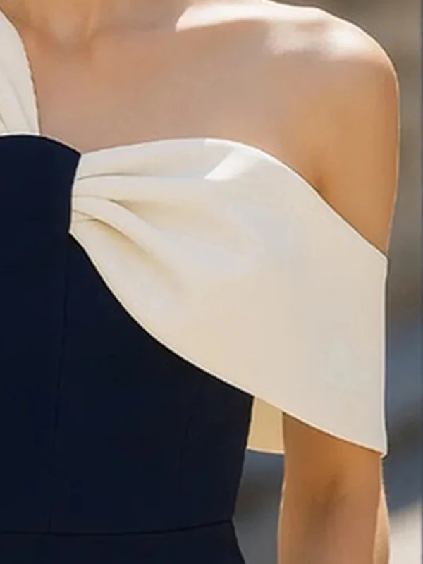 Loose Asymmetric Contrast Color Pleated Split-Joint One-Shoulder Blouses&Shirts Tops - Image 3