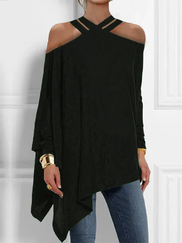 Loose Asymmetric Hollow Solid Color Cold shoulder Blouses&shirts Tops - Image 2