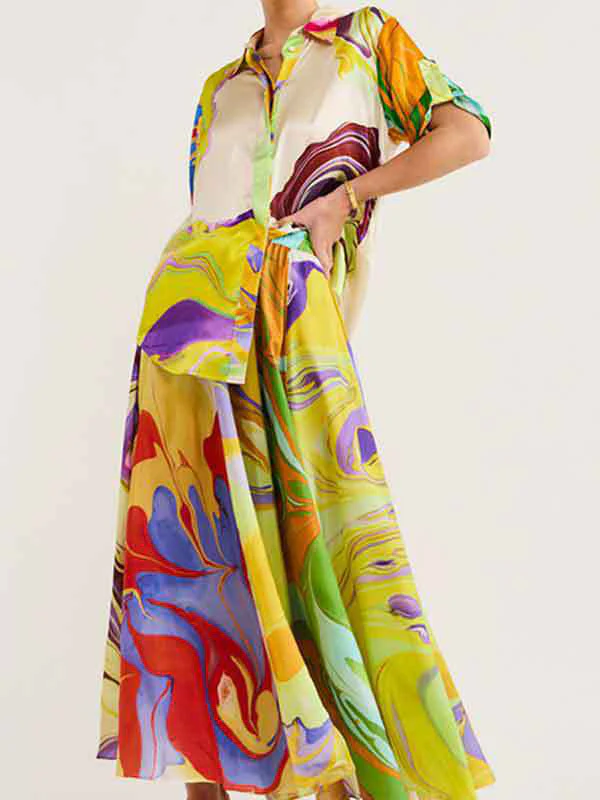 Loose Asymmetric Printed Lapel Blouse + A-Line Drawstring Elasticity Skirt Two Pieces Set - Image 2