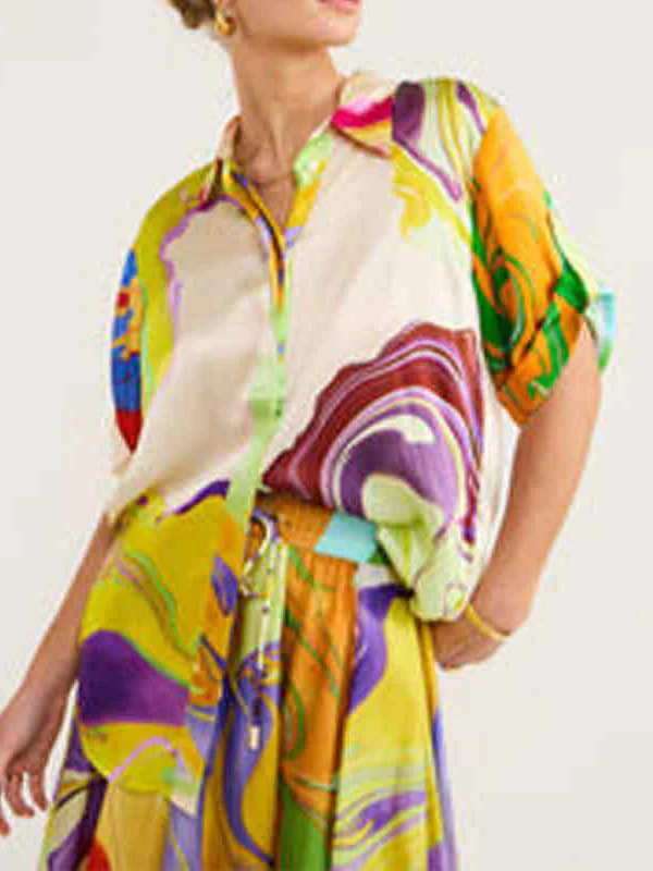 Loose Asymmetric Printed Lapel Blouse + A-Line Drawstring Elasticity Skirt Two Pieces Set - Image 3
