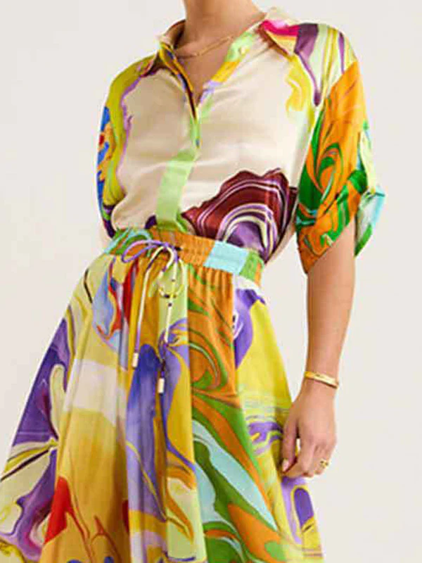 Loose Asymmetric Printed Lapel Blouse + A-Line Drawstring Elasticity Skirt Two Pieces Set - Image 4