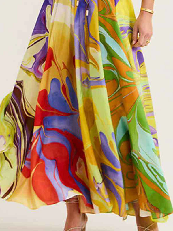 Loose Asymmetric Printed Lapel Blouse + A-Line Drawstring Elasticity Skirt Two Pieces Set - Image 5
