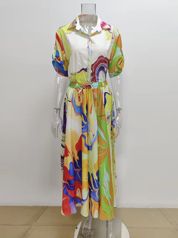 Loose Asymmetric Printed Lapel Blouse + A-Line Drawstring Elasticity Skirt Two Pieces Set - Image 6