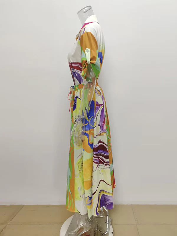 Loose Asymmetric Printed Lapel Blouse + A-Line Drawstring Elasticity Skirt Two Pieces Set - Image 7