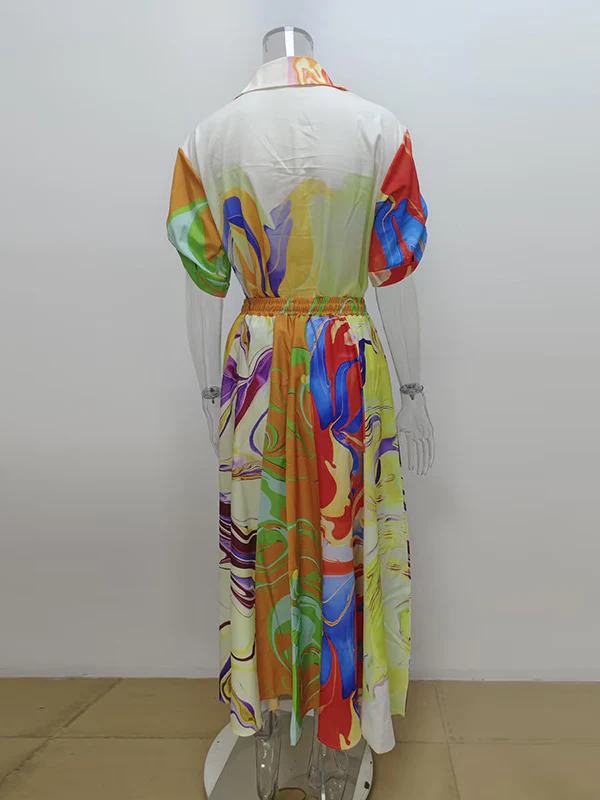 Loose Asymmetric Printed Lapel Blouse + A-Line Drawstring Elasticity Skirt Two Pieces Set - Image 8