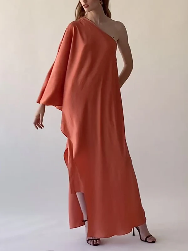 Loose Asymmetric Solid Color One-Shoulder Maxi Dresses - Image 2