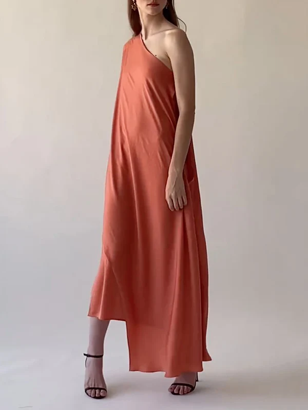 Loose Asymmetric Solid Color One-Shoulder Maxi Dresses - Image 3